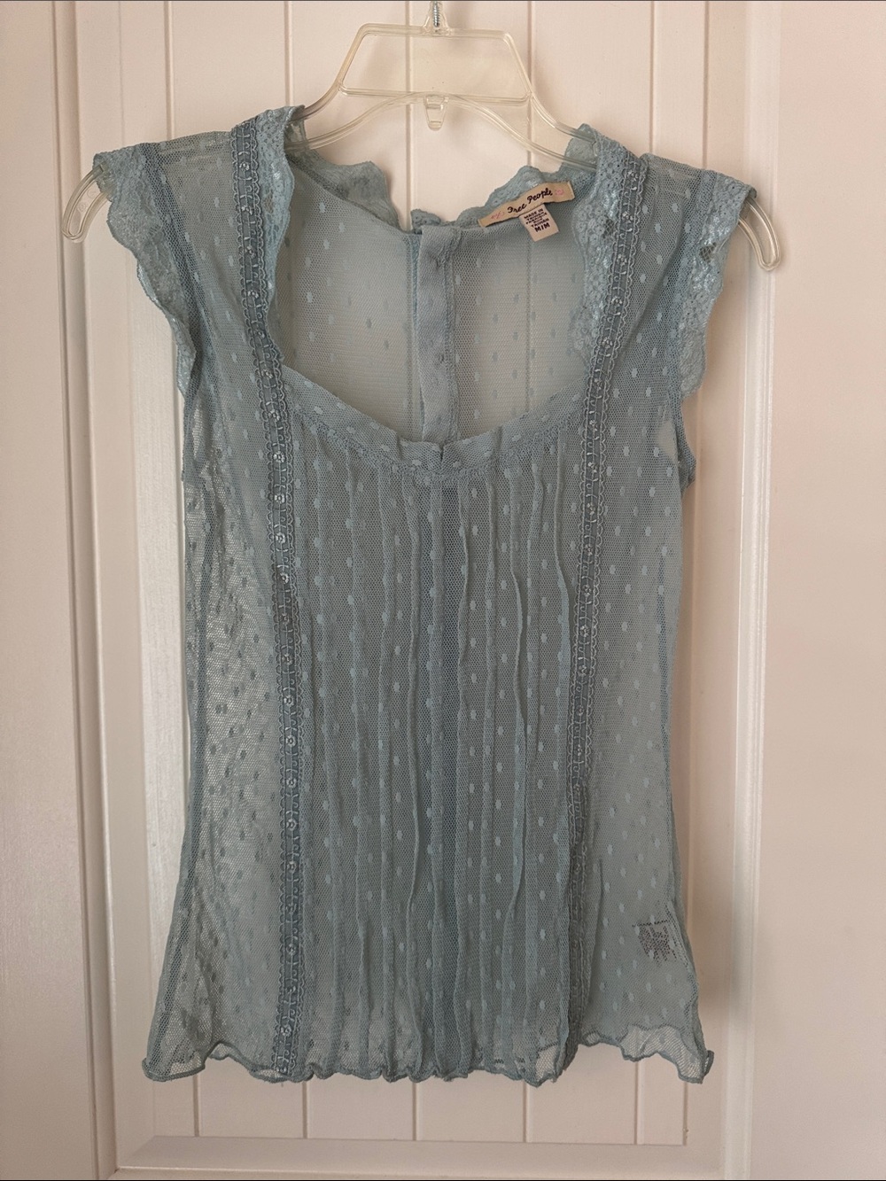 Free People Pale Blue Swiss Dot Lace-Trim Sleeveless Camisole Top